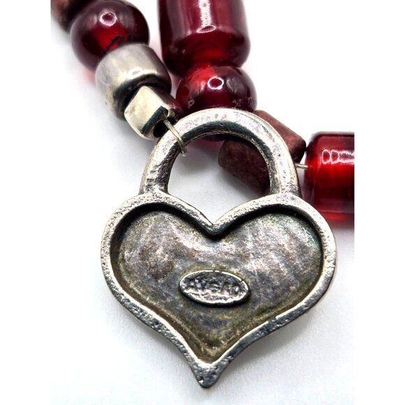 Vintage AVGAD Israeli signed Garnet Glass and Silver Bead Heart Necklace - Picture 3 of 10